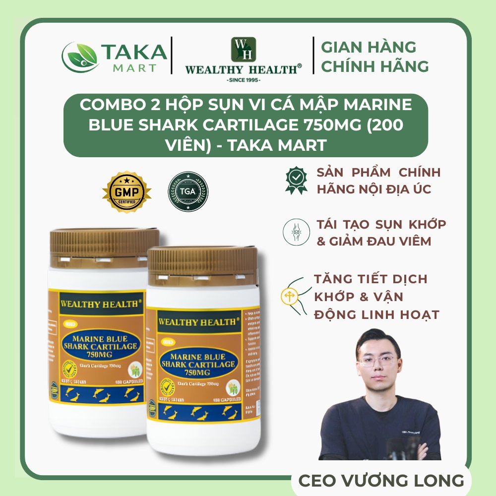 Combo 2 Hộp Viên Uống Sụn Cá Mập Giảm Đau Xương Khớp Marine Blue Shark Cartilage 750mg Wealthy Healt