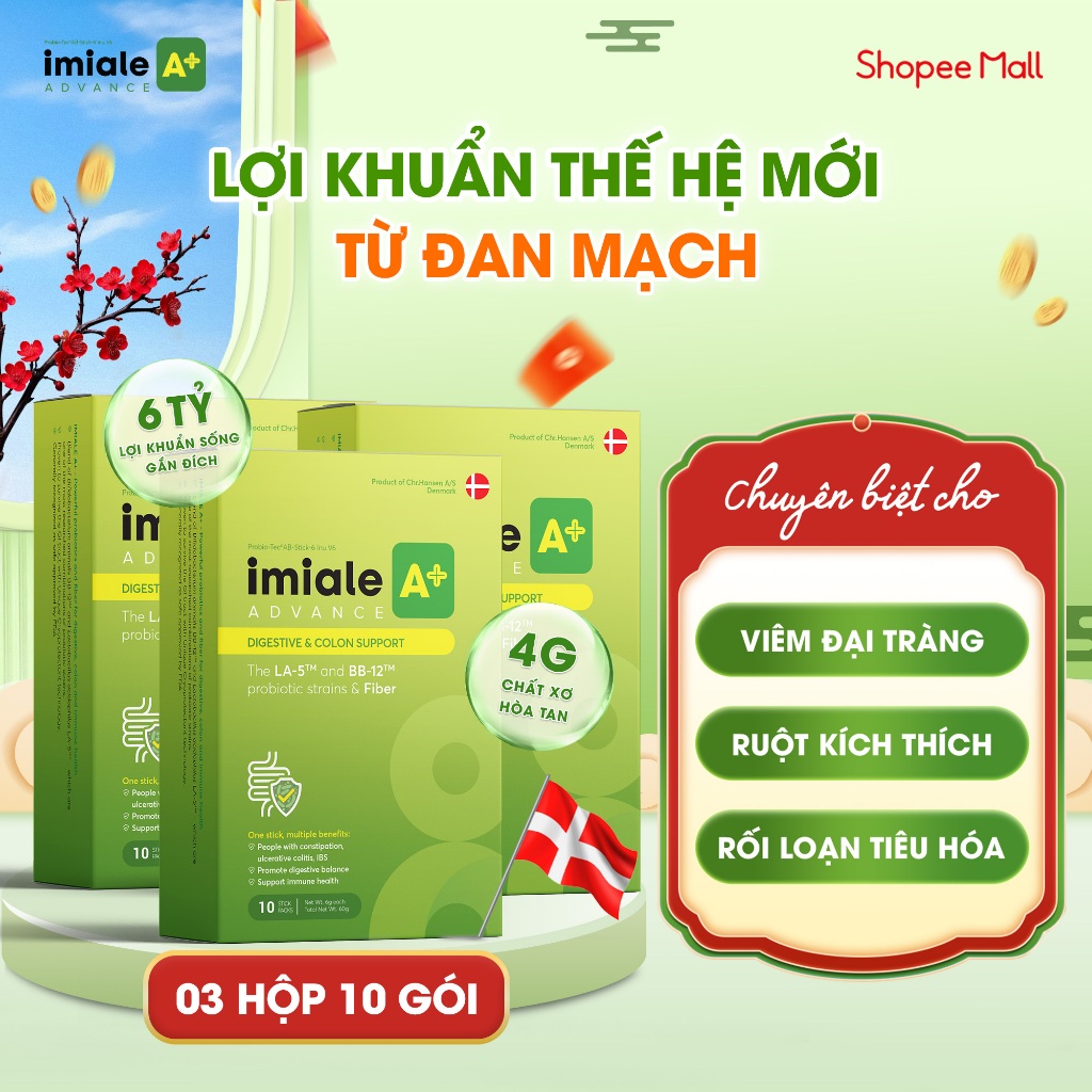 Bộ 3 hộp 10 gói Men vi sinh IMIALE A+ Đan Mạch - Chuyên dùng cho viêm đại tràng, ruột kích thích