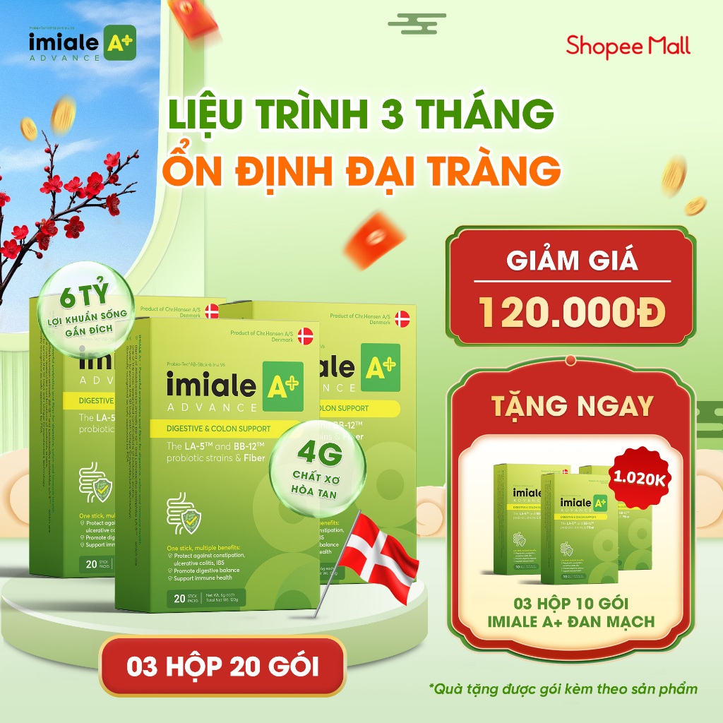 Bộ 3 Hộp 20 gói Men vi sinh IMIALE A+ Đan Mạch - Lộ trình 3 tháng cho viêm đại tràng, hội chứng ruột