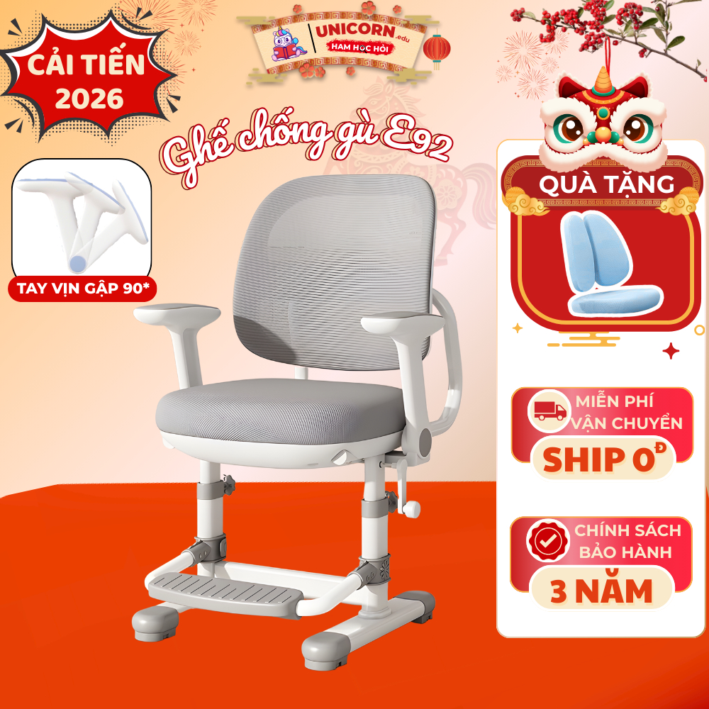 [CẢI TIẾN 2026]Ghế chống gù học sinh Unicorn E92 Thiết kế có tay vịn Nâng hạ độ cao linh hoạt Điều chỉnh tựa lưng ôm sát