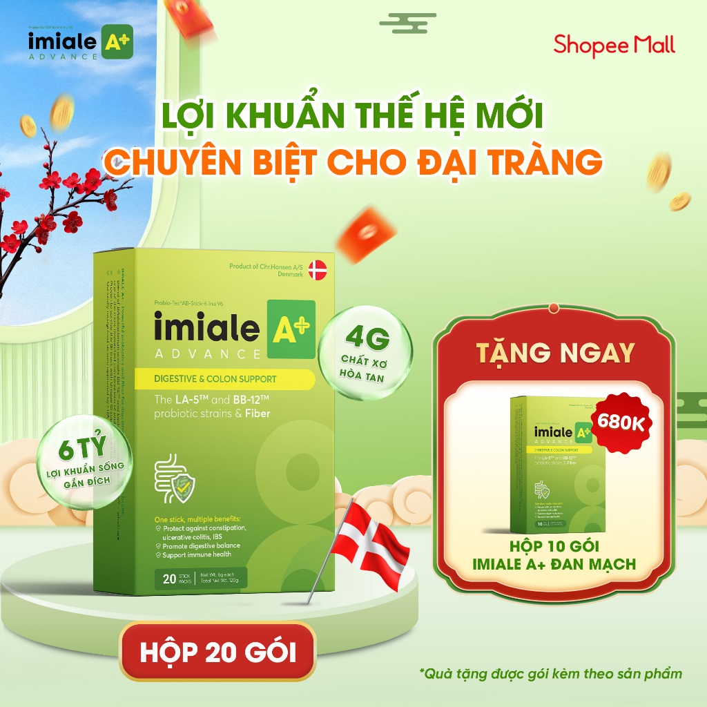 Lợi khuẩn sống, gắn đích IMIALE A+ Đan Mạch, hộp 20 gói hỗ trợ tiêu hóa, đại tràng, táo bón, tiêu ch