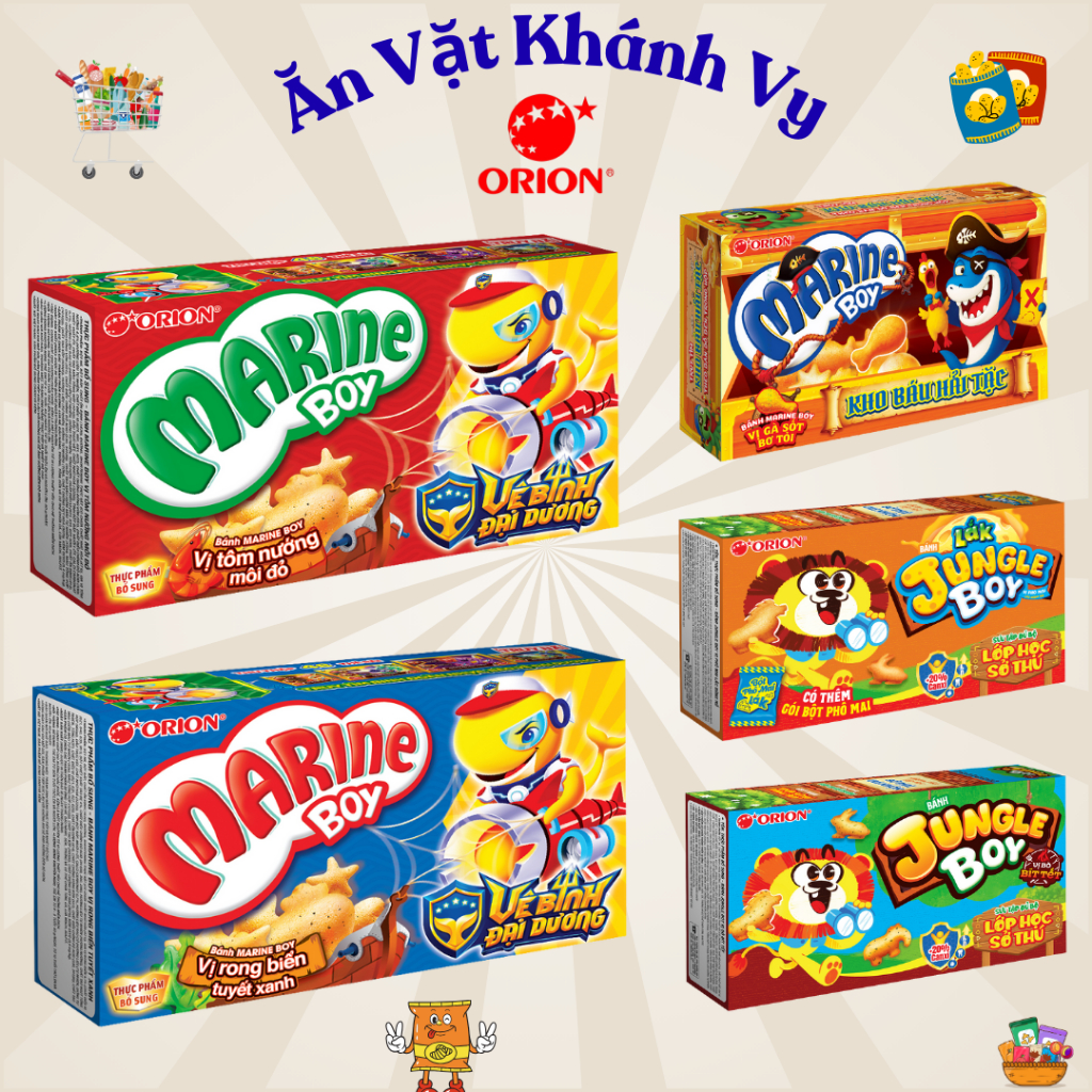 COMBO Snack Bánh cá Marine Boy, Bánh khủng long Jungle Boy 35g Orion đủ vị