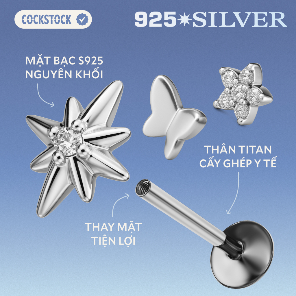 Khuyên tai bạc 925 COCKSTOCK bông tai bạc nữ tuỳ chọn mặt thân khuyên tai titan không gỉ F136