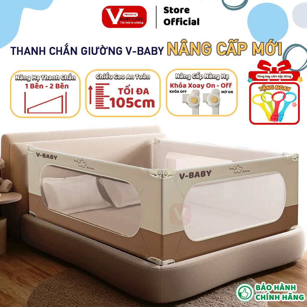 (MẪU MỚI) Thanh Chắn Giường Cho Bé V-BABY Cao Cấp N2/N1S & N1 Nâng Hạ 2 Bên - 1 Thanh Chắn 1 Mặt