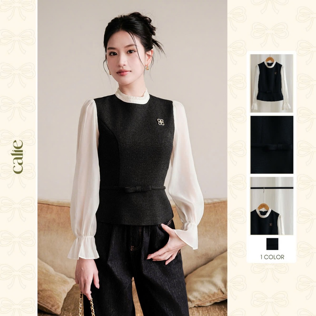 Áo peplum chiết eo tôn dáng, chất liệu text cao cấp phối tay tơ thời trang thiết kế nữ Calie Pl084