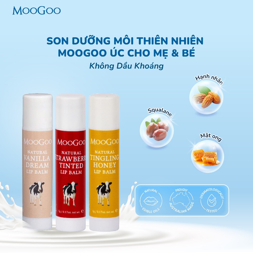 Son Dưỡng Môi Thiên Nhiên MooGoo, Không Vaseline Dầu Khoáng, Không Paraben An Toàn Cho Da Nhạy Cảm