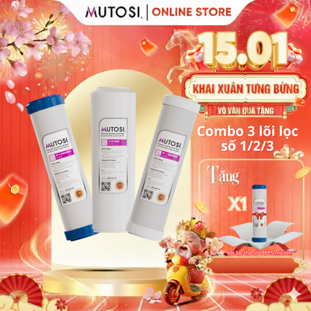 Combo 3 Lõi Lọc Nước 1, 2, 3 Mutosi Cho Máy Lọc Nước Dùng Lõi Thô Cốc Mutosi, Kangaroo, Karofi...