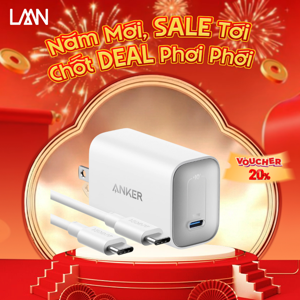Bộ sạc Anker Nano GaN 100W GaN-1 cổng USB-C - Kèm Cáp sạc 1.8m USB-C to USB-C có thể sạc laptop, hỗ 