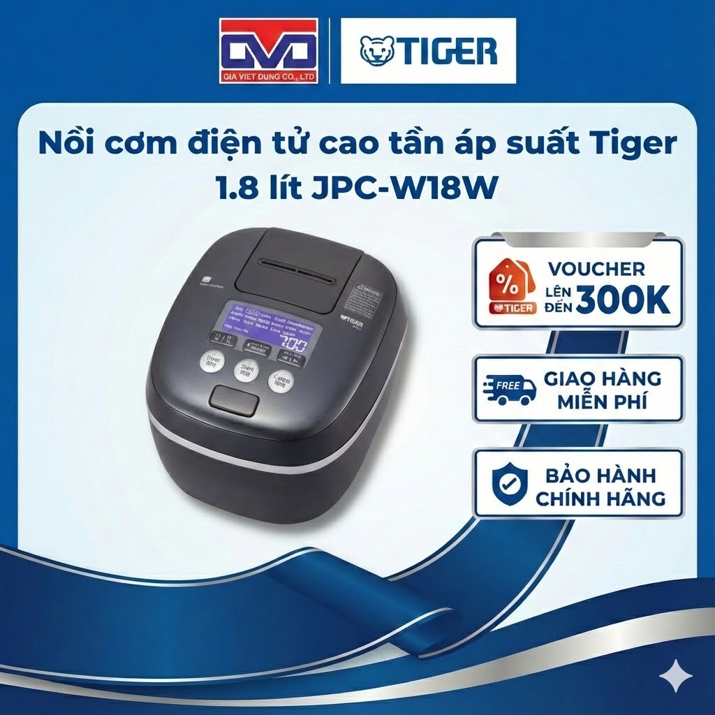 Nồi cơm điện tử cao tần áp suất Tiger 1.8 lít - Công nghệ áp suất kép - JPC-W18W - Hàng chính hãng
