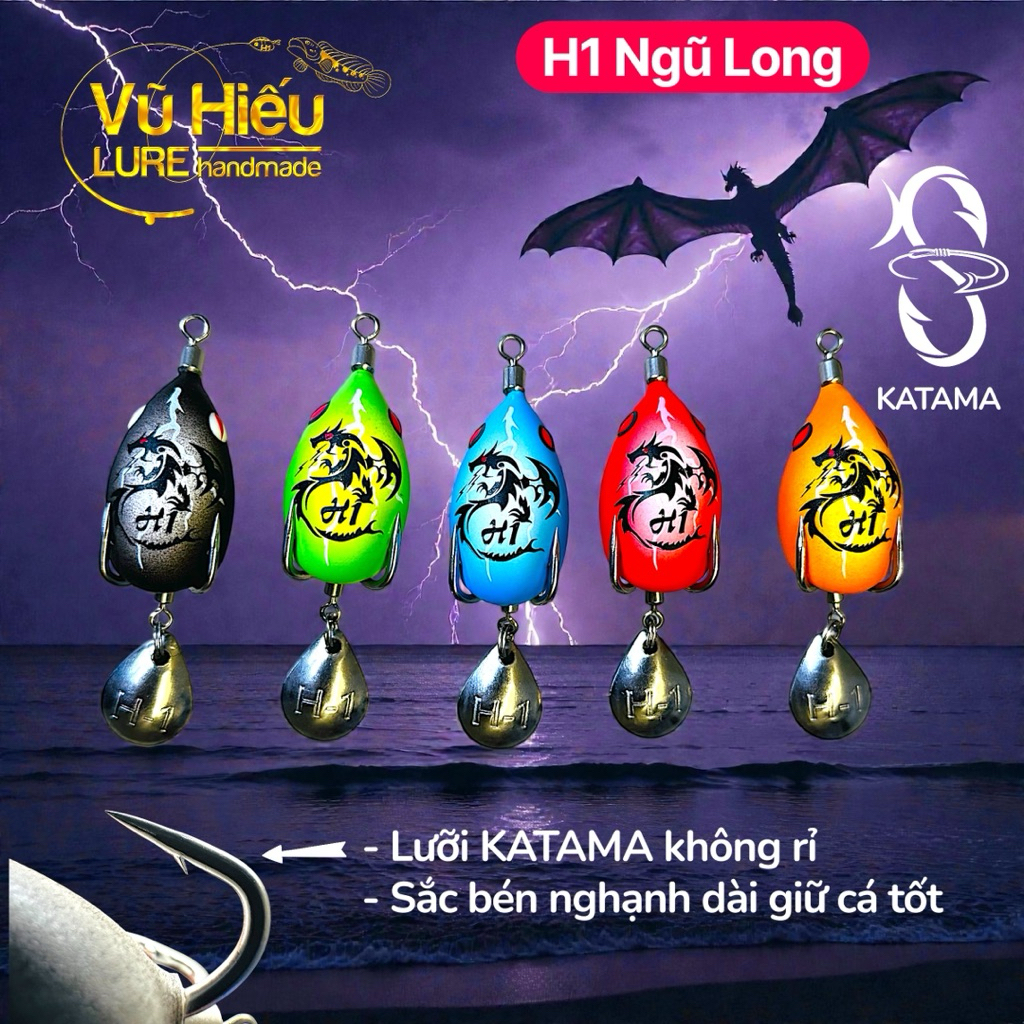 Nhái hơi H1 Ngũ Long [ Vũ Hiếu ] 2.7cm bản lưỡi KATAMA thép 1li6 không rỉ,  dẻo dai, . Fishing ,Câu 
