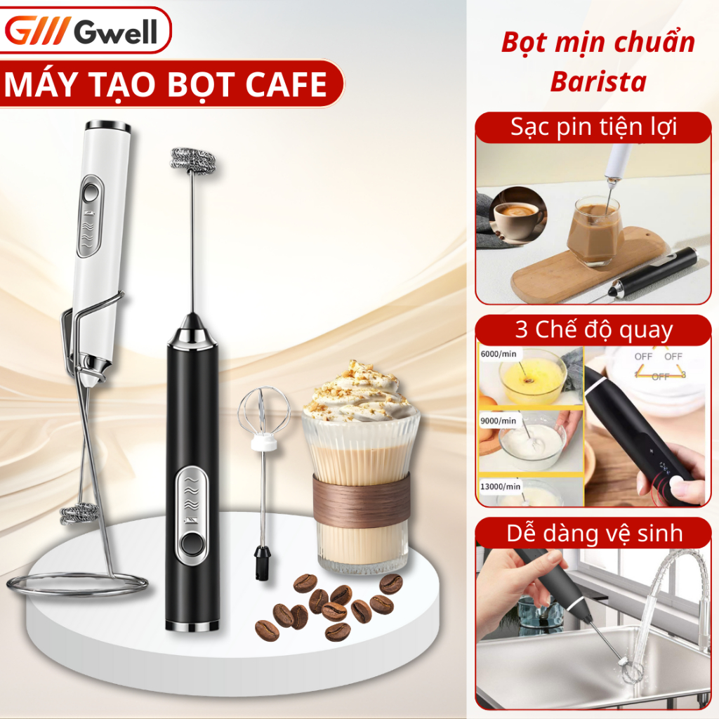 Máy Tạo Bọt Cà Phê , Máy Đánh Trứng Cầm Tay Mini Không Dây Tích Điện Đa Năng 3 Chế Độ