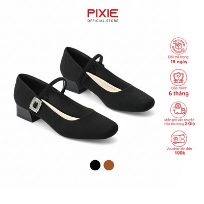 Giày Mary Jane Nữ Cao Gót 3cm Đế Vuông Quai Ngang Đính Đá Pixie H434