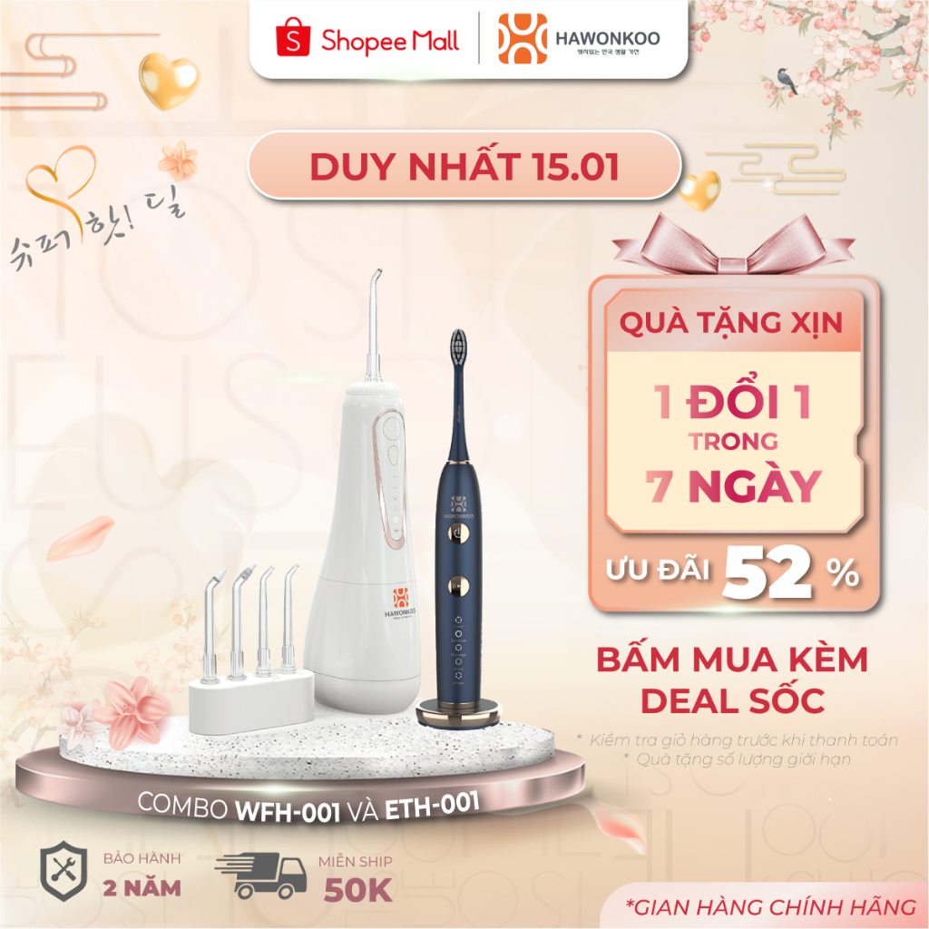 Combo tăm Nước Hawonkoo WFH-001 và Bàn Chải Điện ETH-001 Làm Sạch Sâu  Bảo Hành 12 Tháng