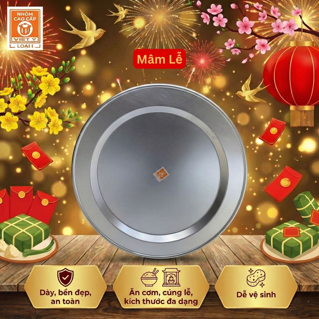 (Combo 2 cái) Mâm Bồng/Mâm Lễ 42cm [Việt Ý] Nhôm Sáng Bóng (Loại Dày). Mâm Nhỏ Bày Hoa Quả, Đồ Lễ, C