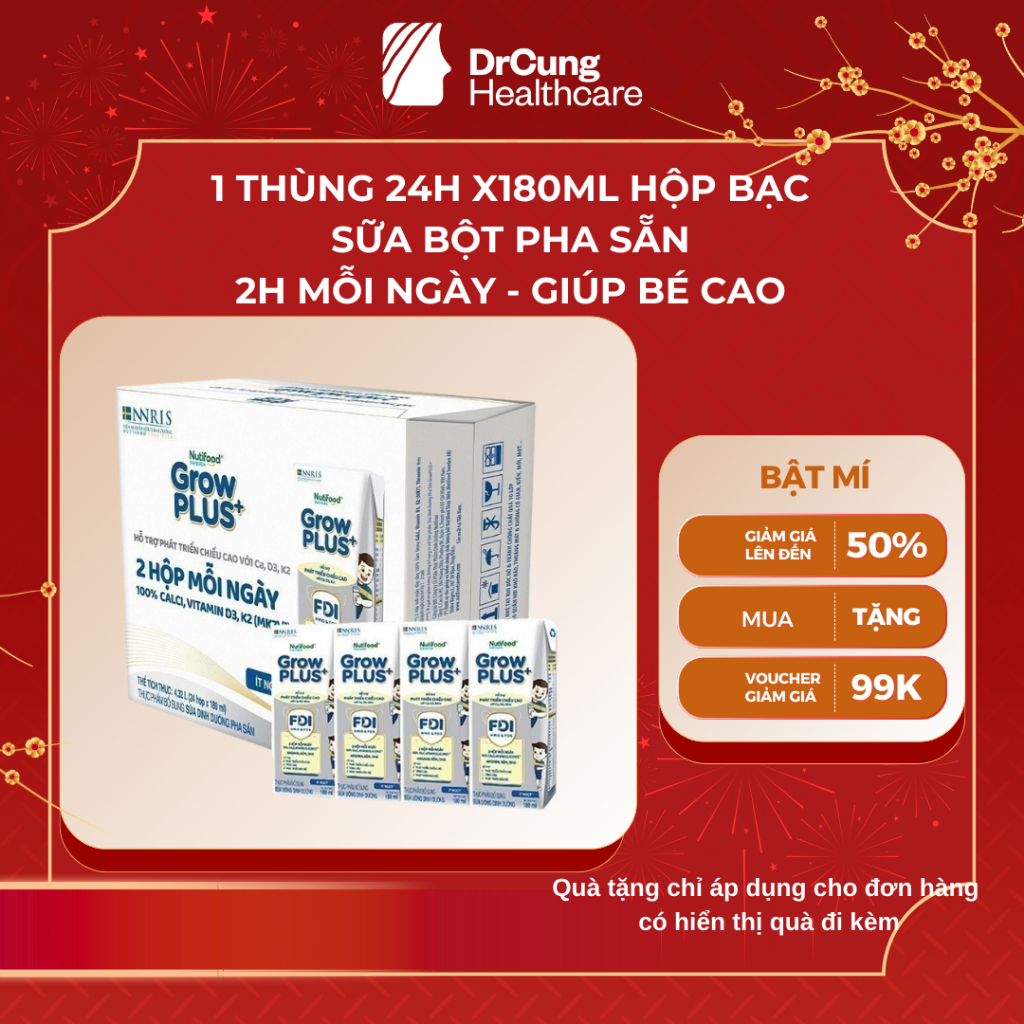 1 Thùng GROW BẠC 24 Hộp 180ml Sữa Dinh Dưỡng Nutifood GrowPLUS+ (Bạc) Cao Lớn Vượt Trội Hộp (24 hộp  x 180ml)
