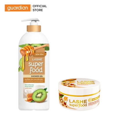 Combo Sữa Tắm Dưỡng Ẩm Chuyên Sâu Lashe SuperFood 610G & Tẩy Tế Bào Chết Giúp Dưỡng Sáng Da Lashe Hương Bánh Nướng 220G