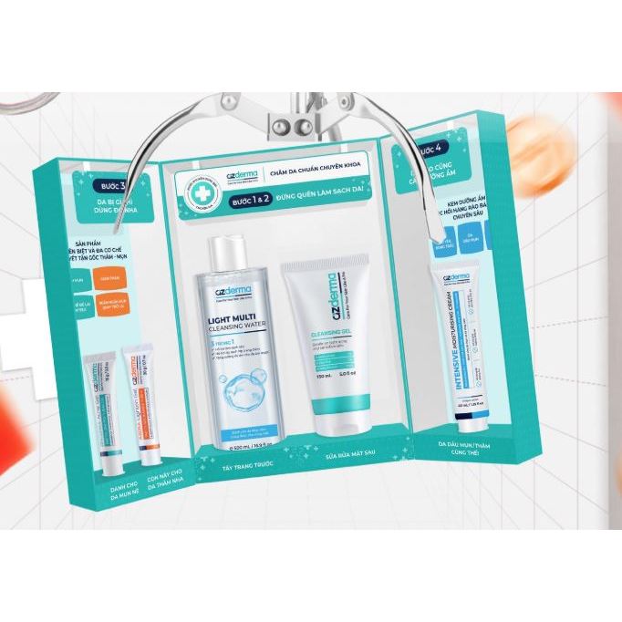 Combo cải thiện mụn , thâm toàn diện Azderma gồm tẩy trang , sữa rửa mặt , gel giảm mụn , gel giảm t