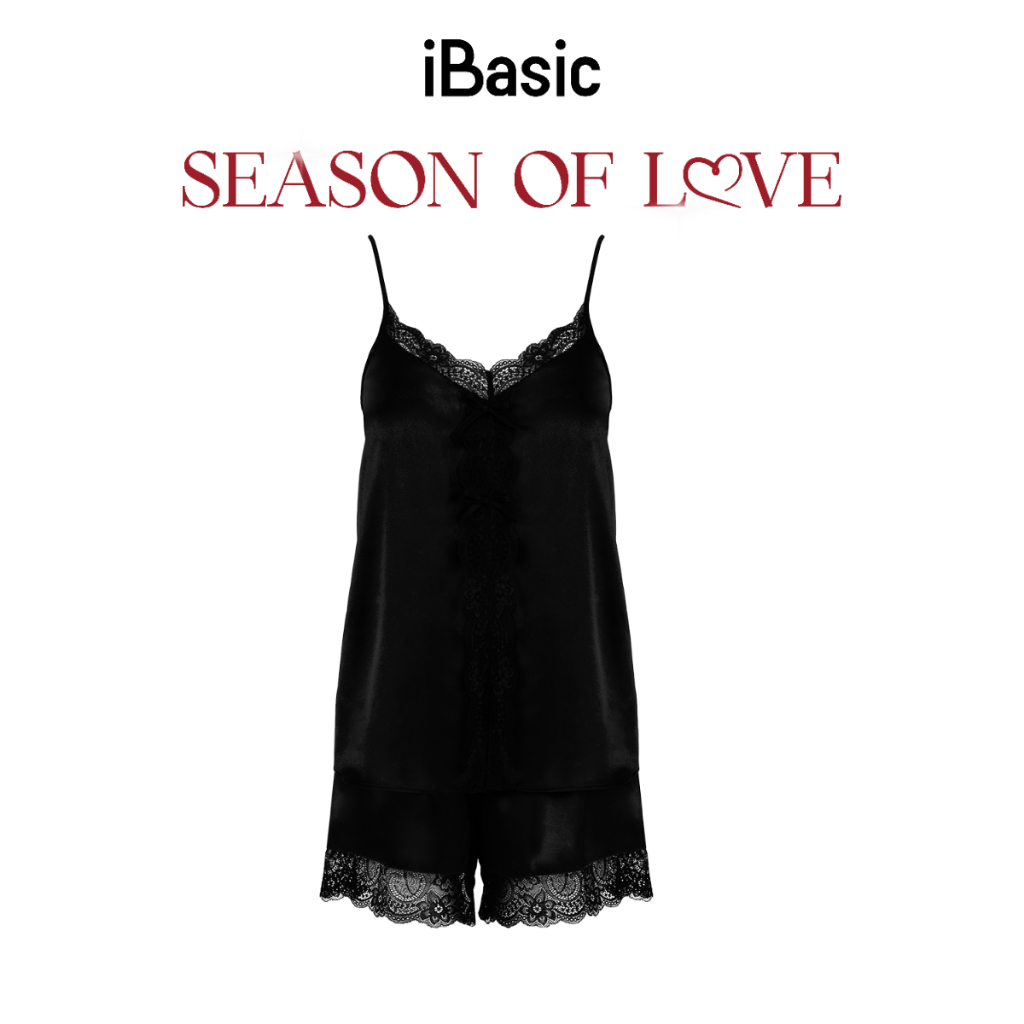 [SEASON OF LOVE] Đồ ngủ Bộ mặc nhà nữ 2 dây lụa satin phối ren iBasic gợi cảm màu đen HOMW058