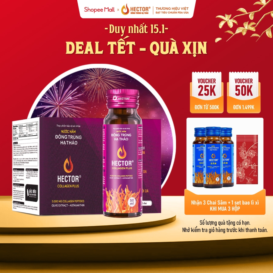 NƯỚC NẤM ĐÔNG TRÙNG HẠ THẢO HECTOR COLLAGEN PLUS (hộp 10 chai)