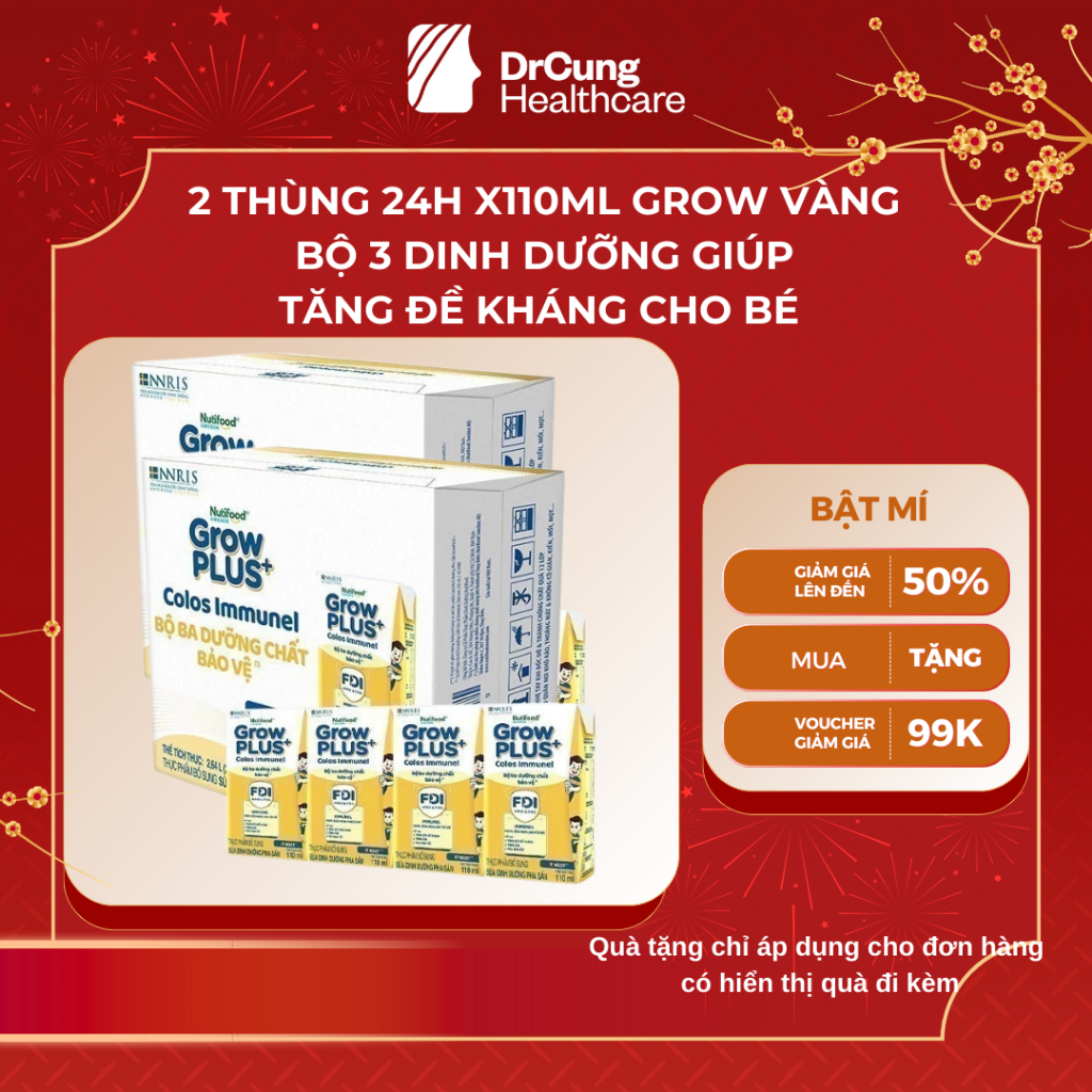2 Thùng GROW VÀNG 24 Hộp 110ml Sữa Dinh Dưỡng Nutifood GrowPLUS+ Colos Immunel - Tăng Đề Kháng (48 H