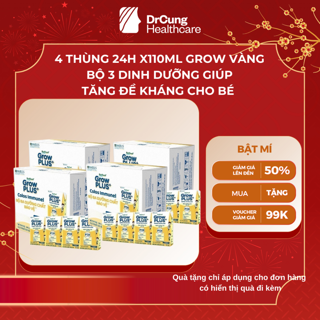 4 Thùng GROW VÀNG 24 Hộp 110ml Sữa Dinh Dưỡng Nutifood GrowPLUS+ Sữa Non Immunel - Tăng Đề Kháng (96