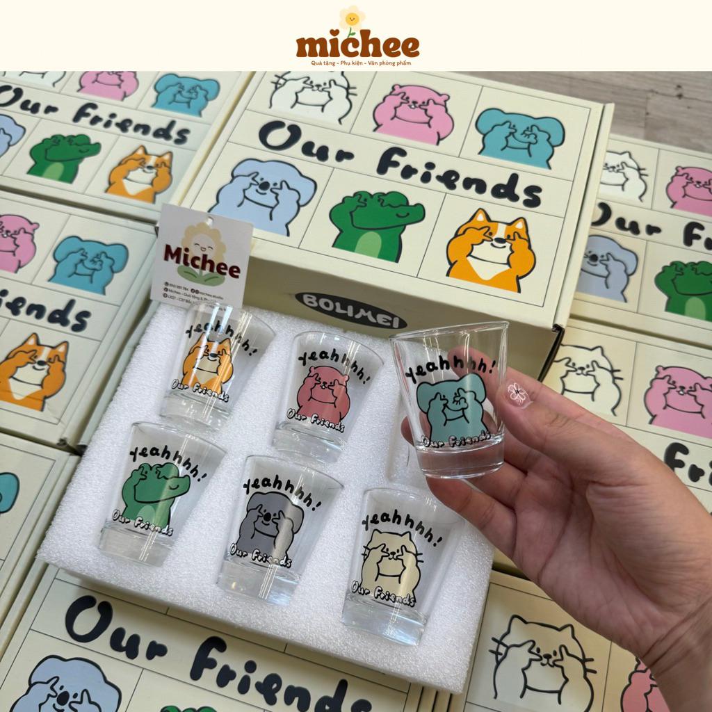Bộ 6 ly thuỷ tinh uống soju, set 6 ly thuỷ tinh dung tích 50ml our friends đáng yêu - michee.studio