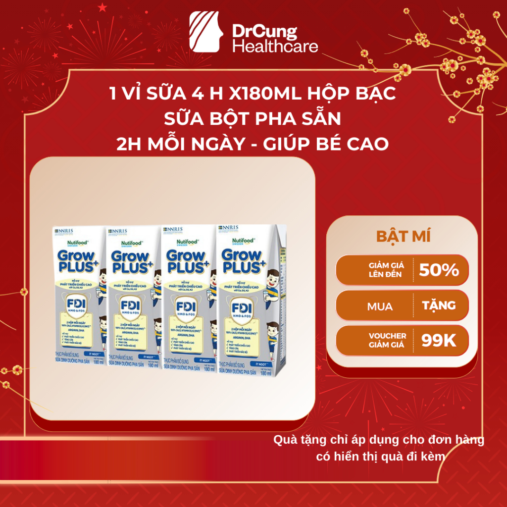 1 Vỉ GROW BẠC 180ml Sữa Dinh Dưỡng Nutifood GrowPLUS+ (Bạc) - Giúp Trẻ Cao Lớn (4 Hộp x180ml)