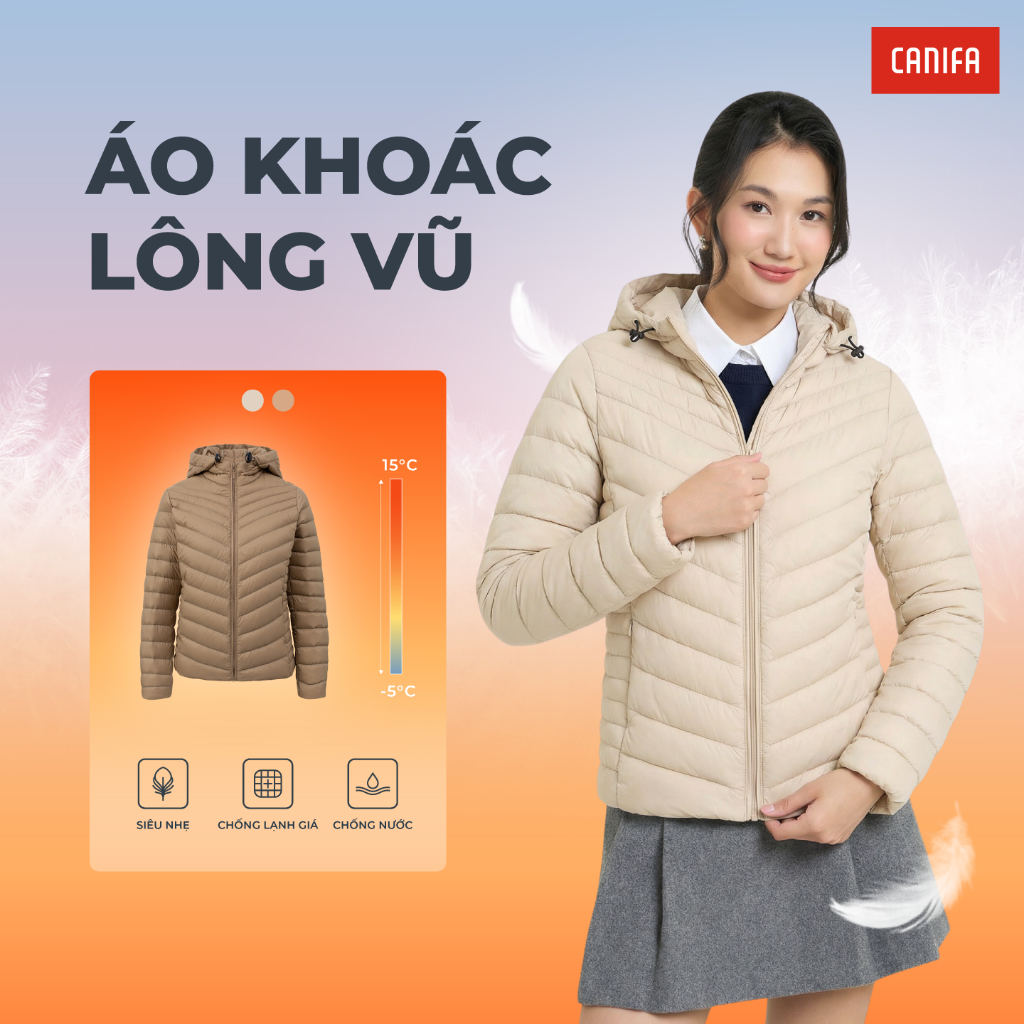 Áo khoác lông vũ nữ CANIFA dáng ngắn có mũ siêu nhẹ chống nước 6OT25W019