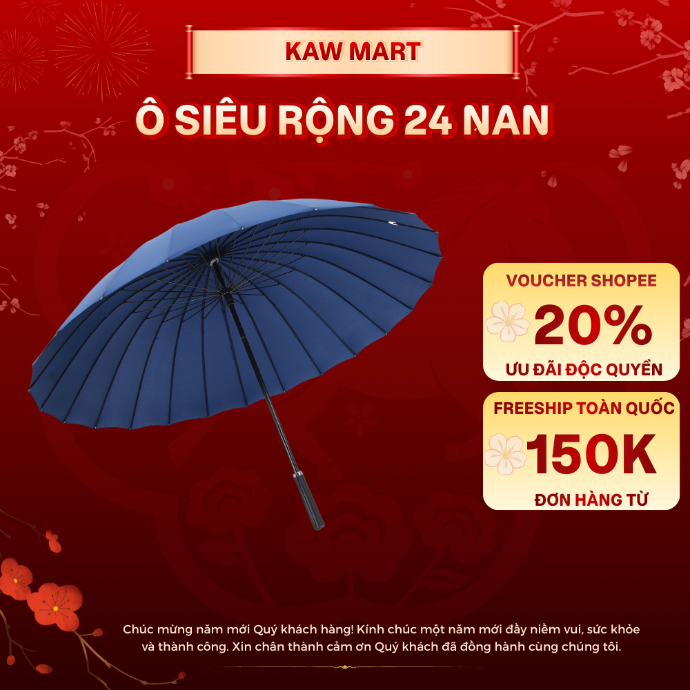 Ô Dù Cán Thẳng KAW 24 Nan Thép Siêu Chắc Chắn, Ô Chống Gió Bão, Kích Thước Đại Cho 2-3 Người, Tặng Túi Đeo Chống Thấm