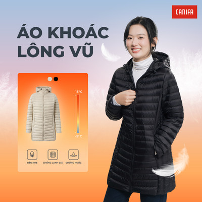 Áo khoác lông vũ dáng dài nữ CANIFA đại hàn dáng dài có mũ siêu nhẹ siêu ấm 6OT25W007
