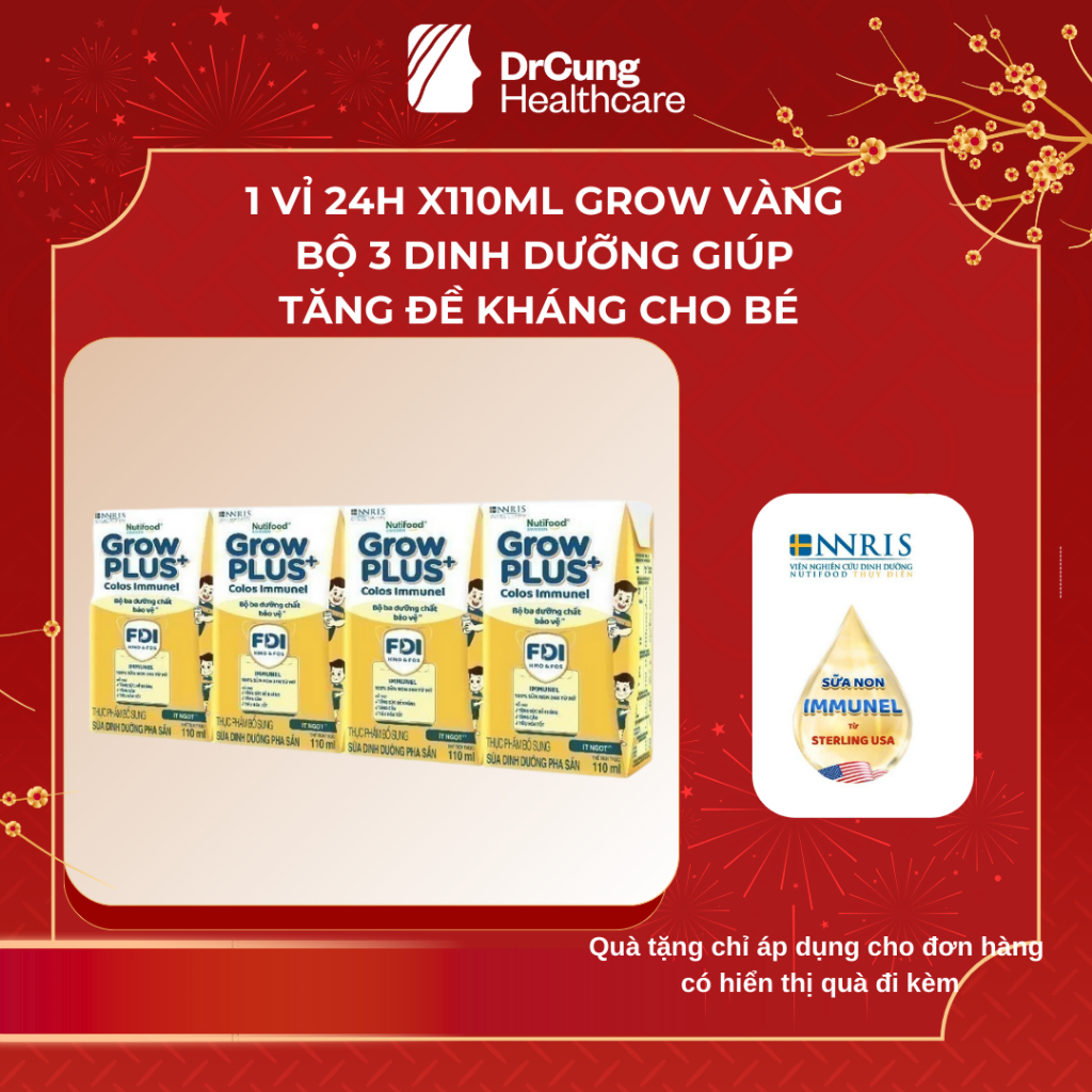 1 Vỉ GROW VÀNG Sữa Dinh Dưỡng 110ml Nutifood GrowPLUS+ Sữa Non Immunel - Tăng Đề Kháng (4 Hộp x 110m