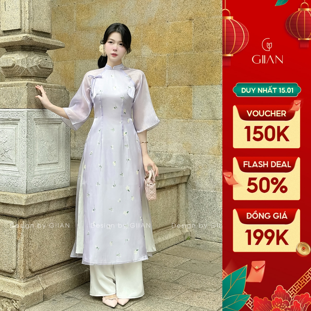 Áo dài cách tân hoa nhí 4 tà thiết kế tay loe đính nơ ngực cách điệu chất liệu tơ mềm mịn chính hãng Giian - AD0001 | BigBuy360 - bigbuy360.vn