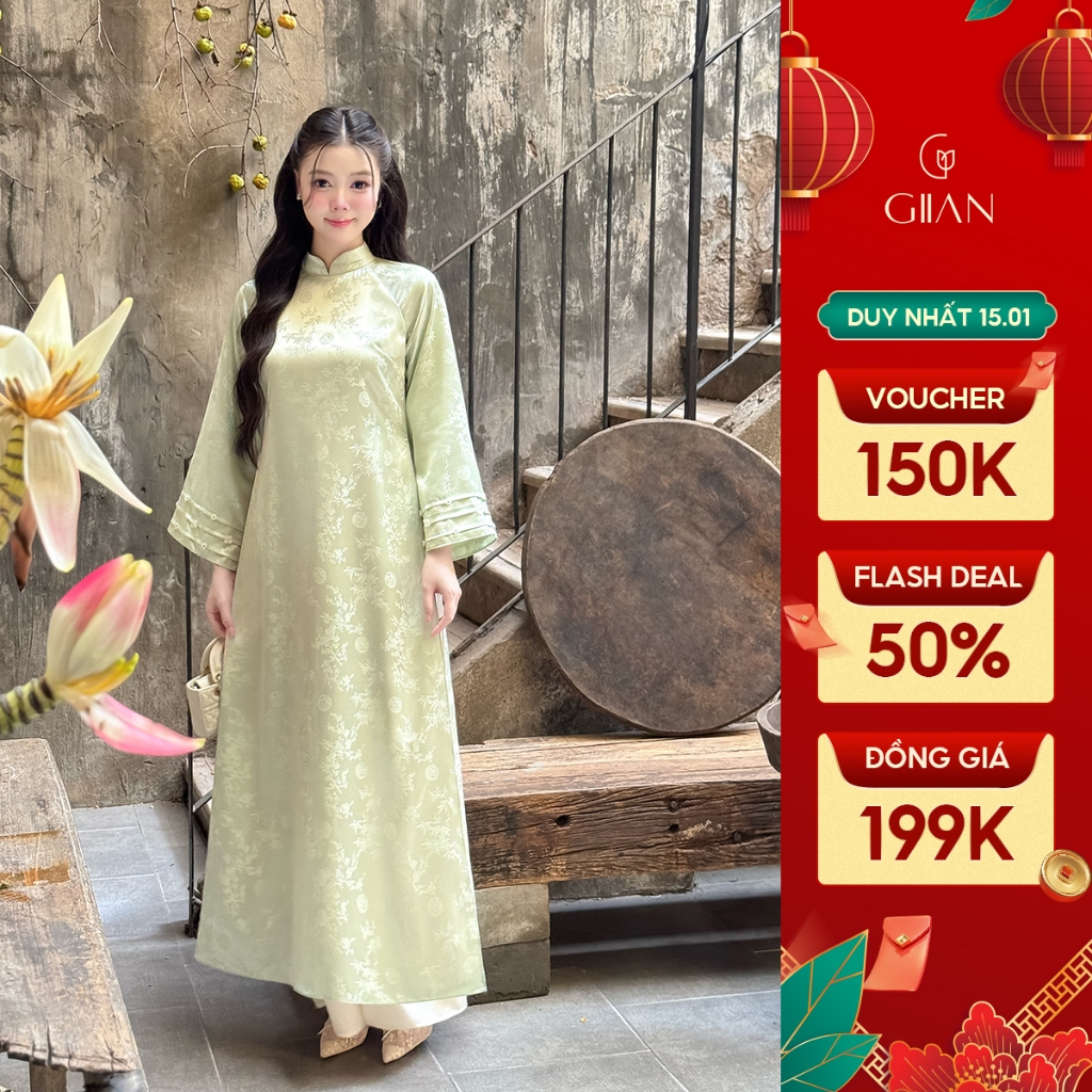 Áo dài nữ cách tân Giian thiết kế cổ trụ phối tay dài xếp tầng cách điệu, họa tiết in hoa nổi 3D cao