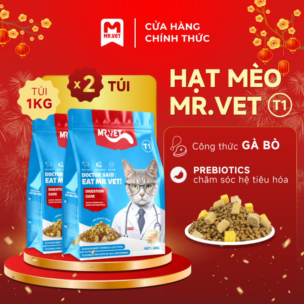 Thức Ăn Cho Mèo MRVET Dạng Hạt T1 Holistic Combo 2 Gói 1KG Với 30% Protein Dành Cho Mèo Mọi Lứa Tuổi