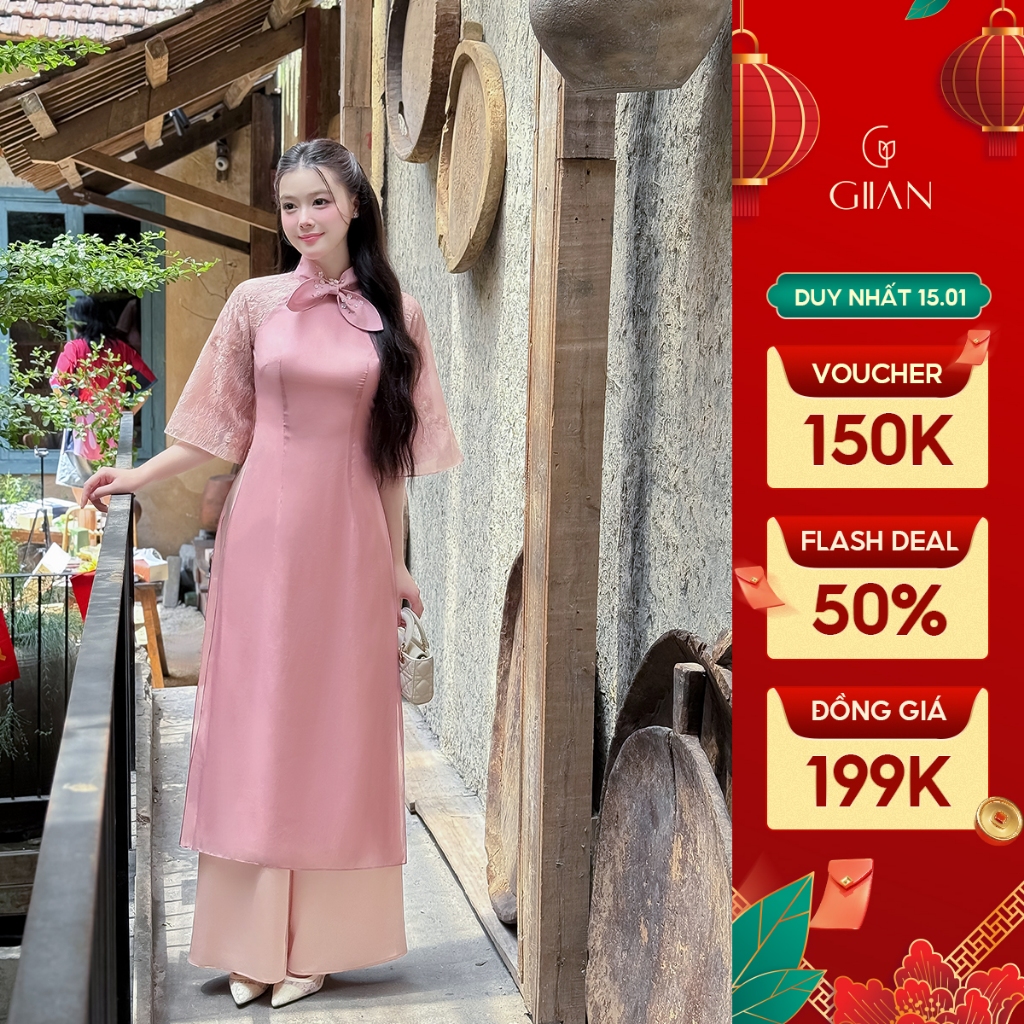 Áo dài cách tân dáng ôm Giian thiết kế 4 tà cổ nơ đính họa tiết cao cấp phối tay tơ AD0005