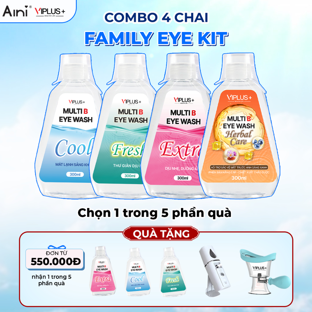 Combo Family Eye Kit  4 chai nước rửa mắt Cool - Fresh - Extra - Herbal Care VIPLUS+ Multi B Eye Was