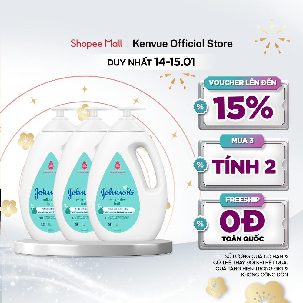 [MUA 3 TÍNH TIỀN 2] Combo 3 Sữa tắm Johnson's Baby Chứa Sữa & Gạo/Sữa Gạo & Yến Mạch/Sữa & Yến Mạch 1000ml/chai