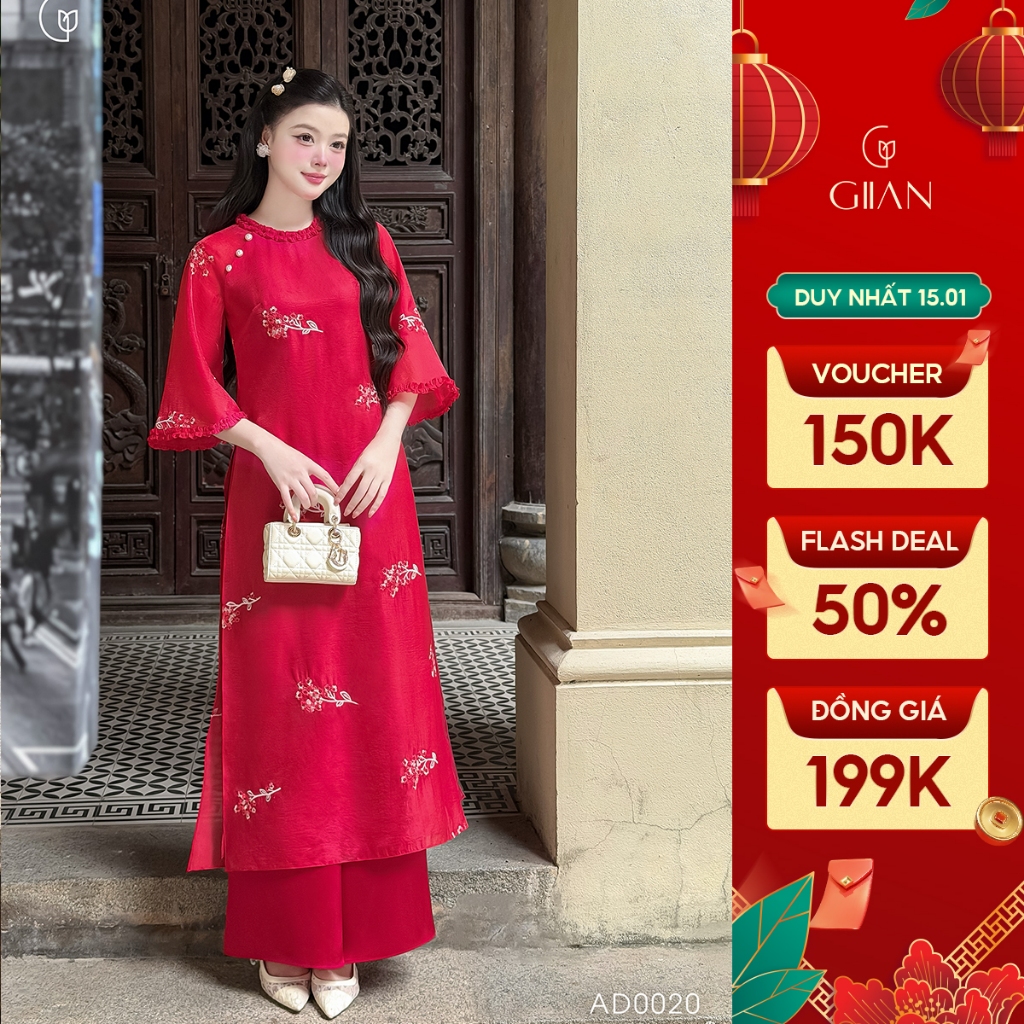 Áo dài tết cách tân đỏ Giian dáng suông 4 tà thiết kế cổ tròn cách điệu phối tay loe họa tiết hoa thêu vải tơ AD0020 | BigBuy360 - bigbuy360.vn
