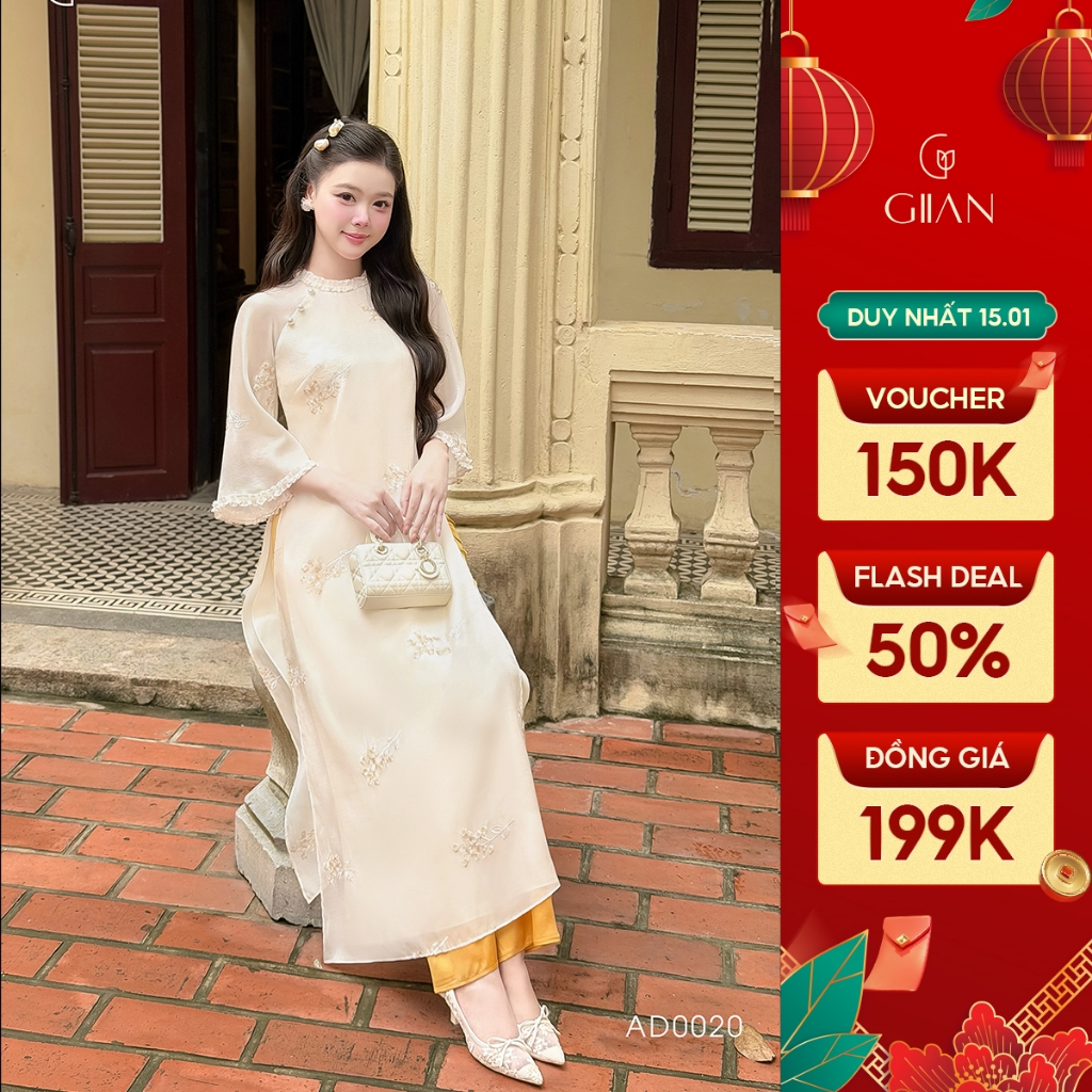 Áo dài cách tân tết nữ Giian dáng suông 4 tà, hoa nhí thêu thủ công cao cấp, thiết kế cổ tròn phối ngọc cách điệu AD0020 | BigBuy360 - bigbuy360.vn