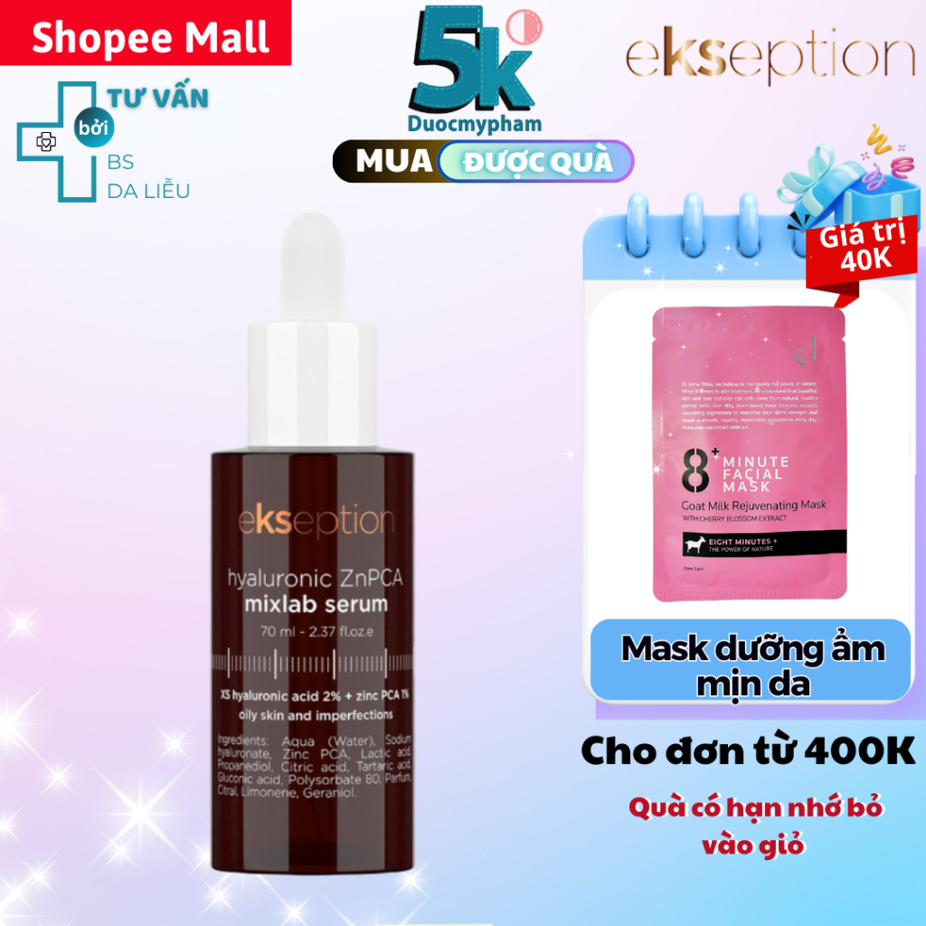 Serum Ekseption Hyaluronic ZnPCA, HA + 1% ZnPCA giảm mụn, kiềm dầu 75ml