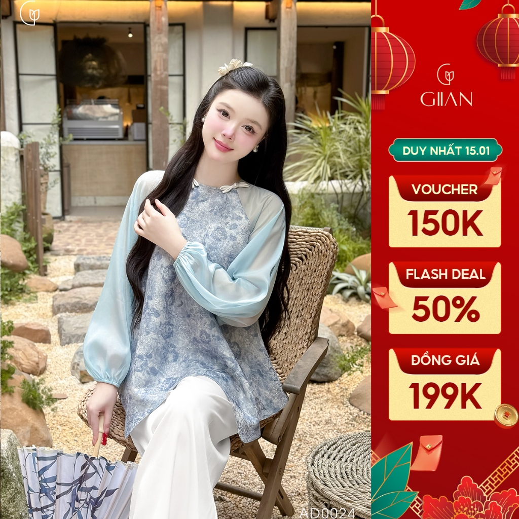 Set đồ truyền thống Giian thiết kế áo cánh rơi, cổ tròn đính nơ cách điệu họa tiết hoa nổi phối quần lụa cao cấp AO0024 | BigBuy360 - bigbuy360.vn
