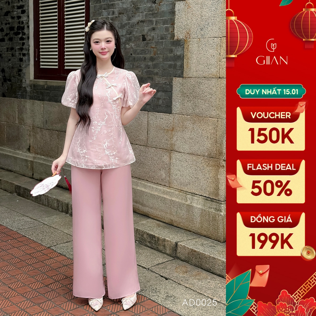 Set đồ truyền thống nữ Giian thiết kế áo cổ tròn đính nơ phối tay bồng cách điệu, dáng ôm nhẹ , phối quần lụa AO0025 | BigBuy360 - bigbuy360.vn