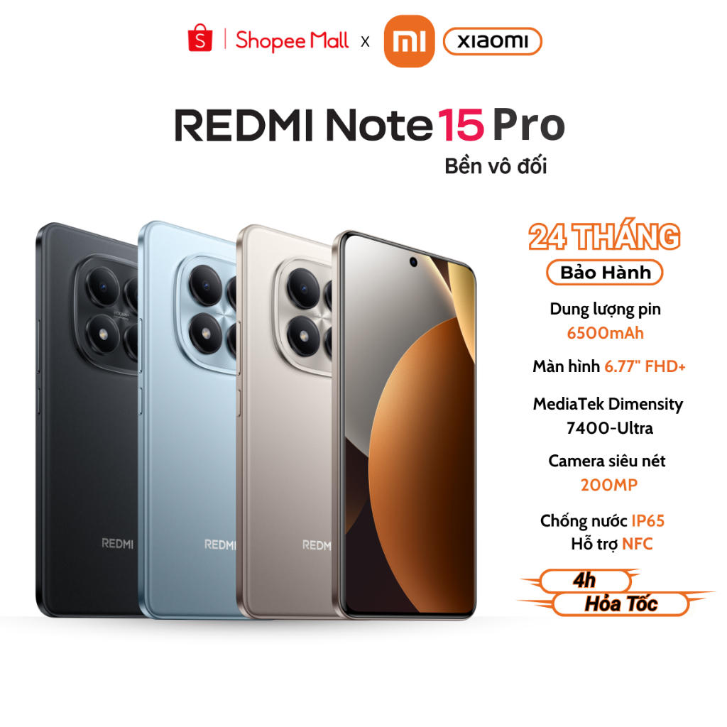 Điện thoại Xiaomi Redmi Note 15 Pro 4G - Pin 6500 mAh, Màn Hình 6.77 Inch - Bảo Hành 24 Tháng Chính 