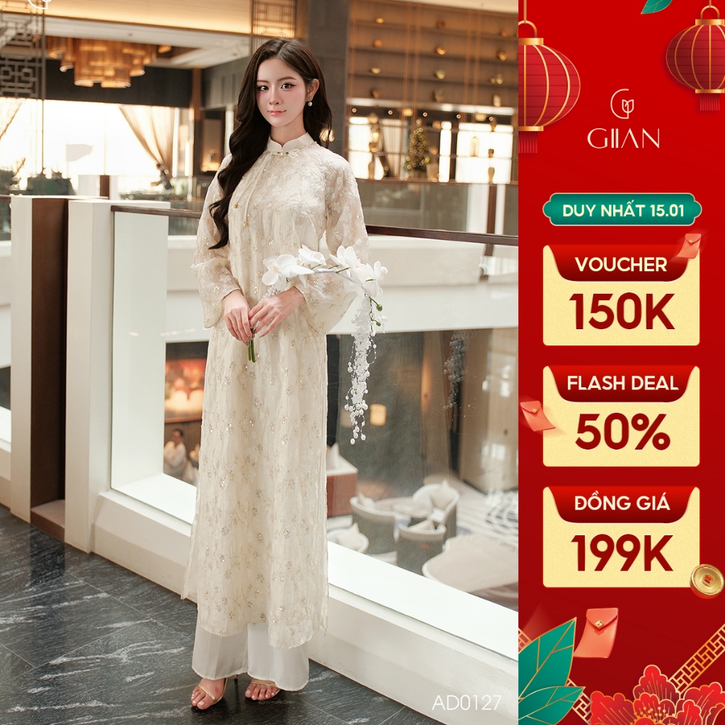 Áo dài cách tân kim sa nữ tết Giian thiết kế dáng suông 4 tà AD0127