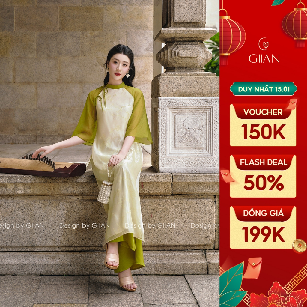 Áo dài cách tân nữ Giian 4 tà dáng suông thiết kế tay loe cổ tròn lệch đính nơ họa tiết hoa in nổi cao cấp AD1378