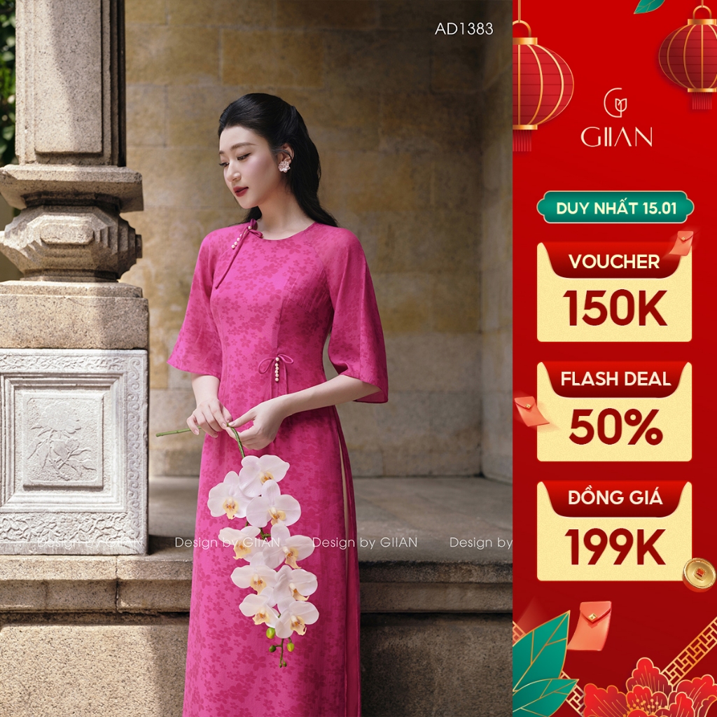 Áo dài cách tân nữ hoa nhí Giian dáng suông 4 tà thiết kế cổ tròn tay loe họa tiết in nổi đính nơ ngọc thủ công AD1383