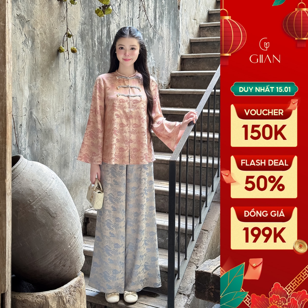 Pháp phục nữ chính hãng Giian thiết kế cổ tròn tay loe dài, tết dây ngực đính ngọc cách điệu, họa tiết in 3D SL0006