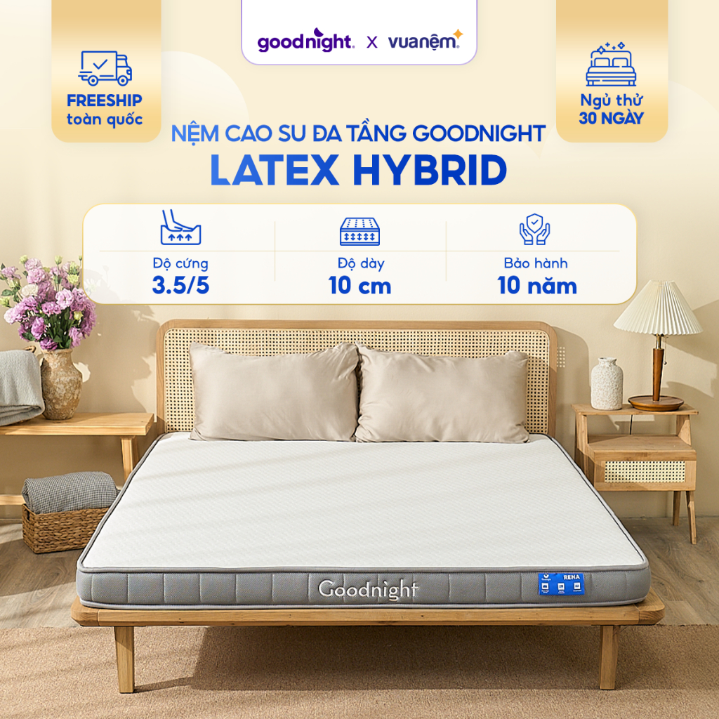[TẶNG SET GA 3 MÓN] Nệm Cao Su Foam Vua Nệm Goodnight Latex Hybrid 10cm, Đệm Cao Su Thiên Nhiên, Nệm Gia Đình | BigBuy360 - bigbuy360.vn
