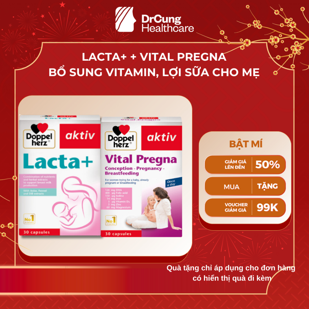 COMBO 2 HỘP Lợi Sữa LACTA+ Doppelherz Aktiv, VITAL PREGNA Vitamin Sau Sinh - Cải Thiện Nguồn Sữa Mẹ,