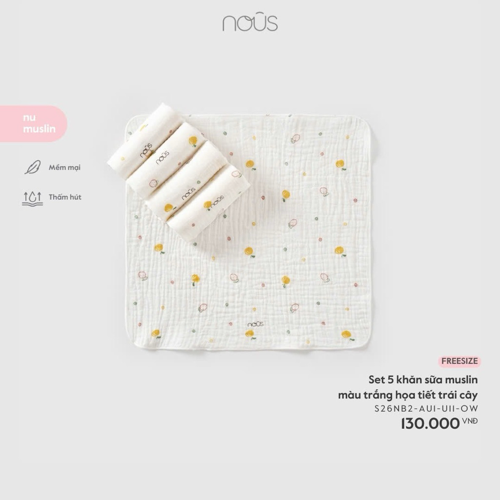 [ Nous ] Set 5c khăn sữa Nous cho bé với nhiều màu sắc, họa tiết  đáng yêu